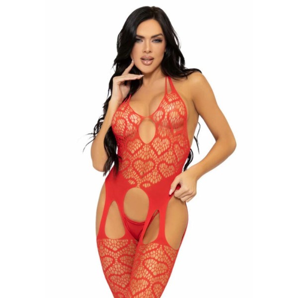LEG AVENUE - BODYSTOCKING JARRETELLES EN FILET TAILLE UNIQUE - ROUGE LEG AVENUE BODYSTOCKINGS