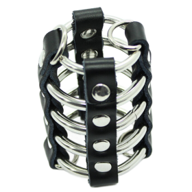 OHMAMA FETISH - CAGE PÉNIS AVEC ANNEAUX MÉTALLIQUES ET SANGLE EN CUIR OHMAMA FETISH