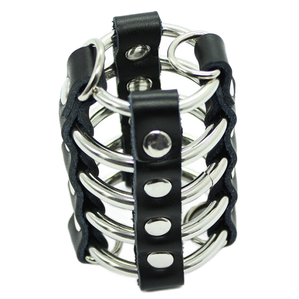 OHMAMA FETISH - CAGE PÉNIS AVEC ANNEAUX MÉTALLIQUES ET SANGLE EN CUIR OHMAMA FETISH