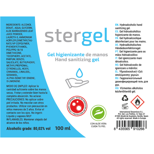 STERGEL - HYDROALCOHOLIC HAND SANITIZING GEL ALOE VERA 100ML STERGEL