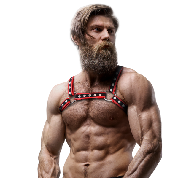 FETISH SUBMISSIVE ATTITUDE - HARNAIS DE POITRINE BULLDOG EN CUIR ÉCOLOGIQUE POUR HOMMES NOIR/ROUGE FETISH SUBMISSIVE ATTITUDE