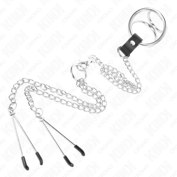 KINK - ANEL PARA PÉNIS DE METAL TRIPLO CROMADO 3 CM A 4,5 CM COM CORRENTE DE METAL DE 26 CM E GRAMPAS DE BICO KINK RING POWER