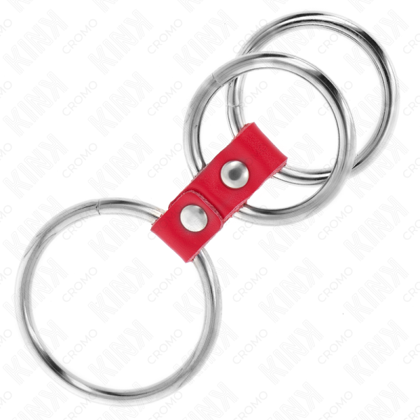 KINK - ANEL PARA PÊNIS TRIPLO DE METAL 3,7 CM A 5 CM CONECTADO COM COURO VERMELHO KINK RING POWER