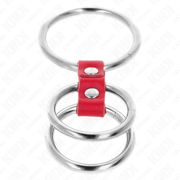 KINK - ANNEAU PÉNIS TRIPLE MÉTAL 3,7 CM À 5 CM CONNECTÉ AVEC DU CUIR ROUGE KINK RING POWER
