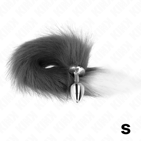 KINK - PLUG ANAL TAILLE S 7 X 3 CM AVEC QUEUE SYNTHÉTIQUE 40 CM GRIS ET BLANC KINK PLEASURE PLUGS