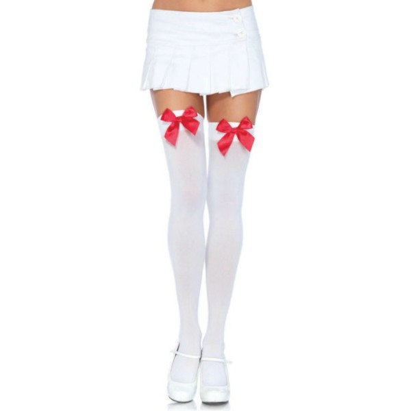LEG AVENUE - CUISSES HAUTES EN NYLON AVEC NOEUD BLANC / ROUGE LEG AVENUE HOSIERY