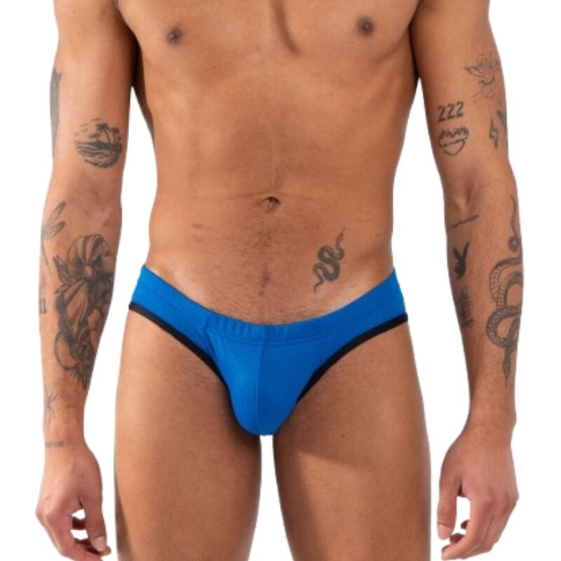 Slip bleu audacieux avec paillettes et transparences — BURN