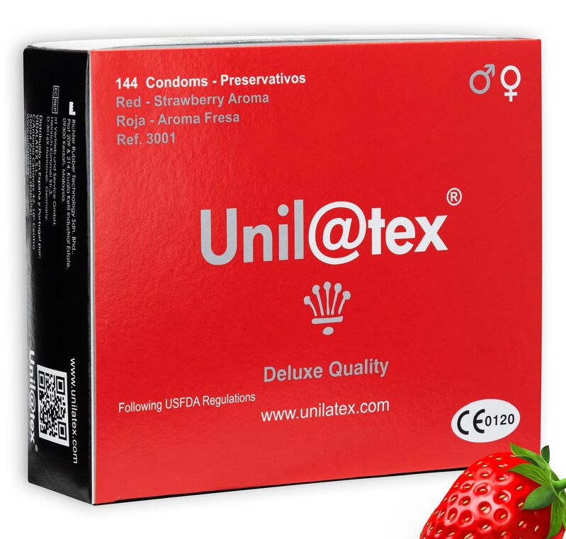 Préservatifs rouges saveur fraise, lot de 144 — UNILATEX