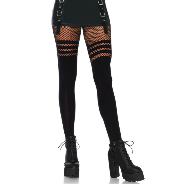 Collant faux-cuisse opaque à accent résille rayé — LEG AVENUE HOSIERY