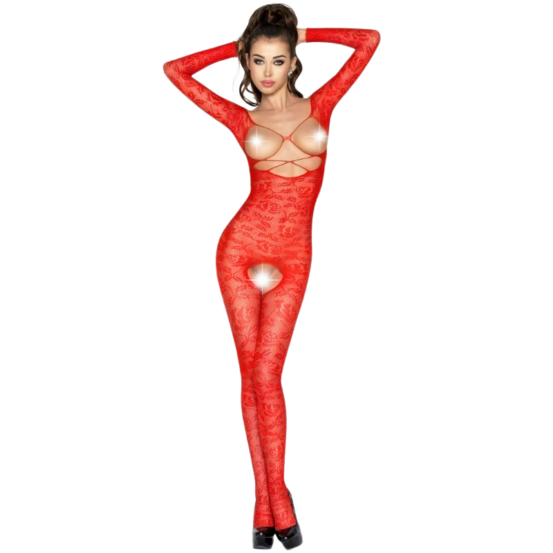 Body résille brodé rouge avec entrejambe ouvert — PASSION WOMAN BODYSTOCKINGS