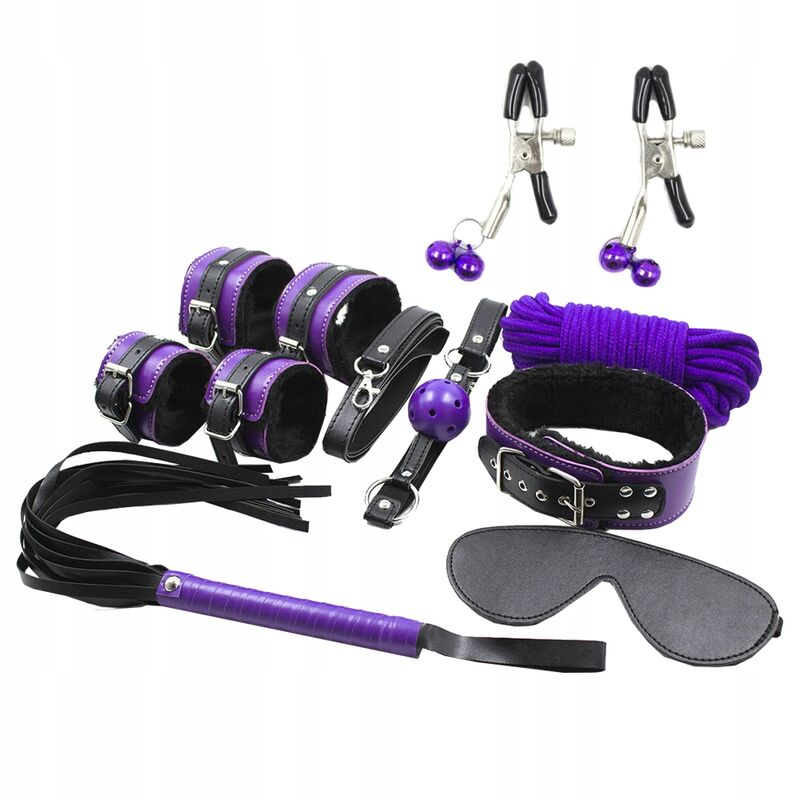 Kit BDSM 8 pièces cuir noir et violet — SECRETPLAY 100% FETISH
