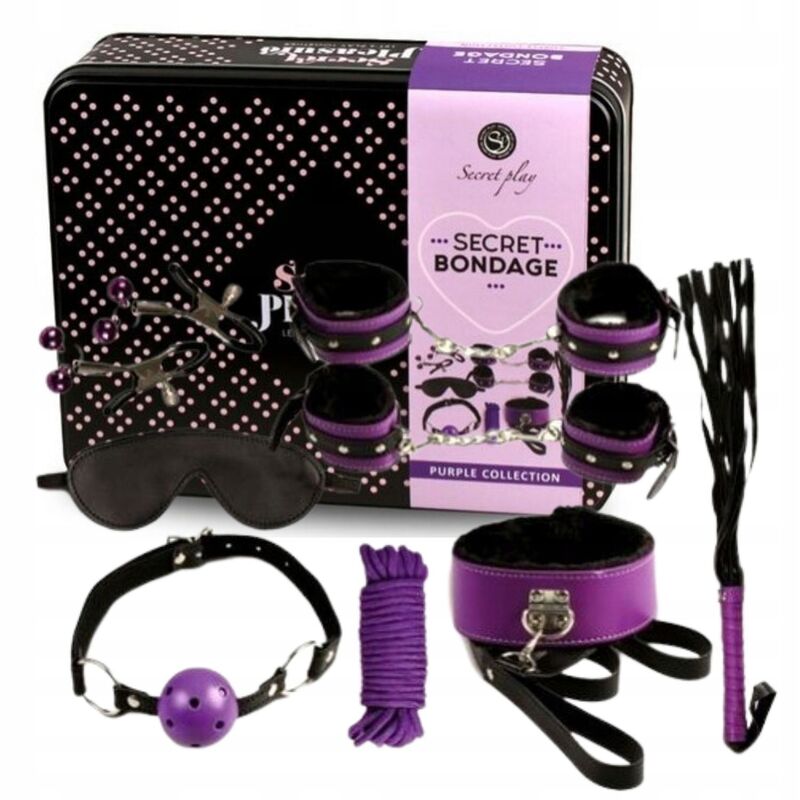 Kit BDSM 8 pièces cuir noir et violet — SECRETPLAY 100% FETISH