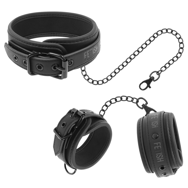 Ensemble collier et menottes en cuir végan doublé noprène — FETISH SUBMISSIVE BONDAGE