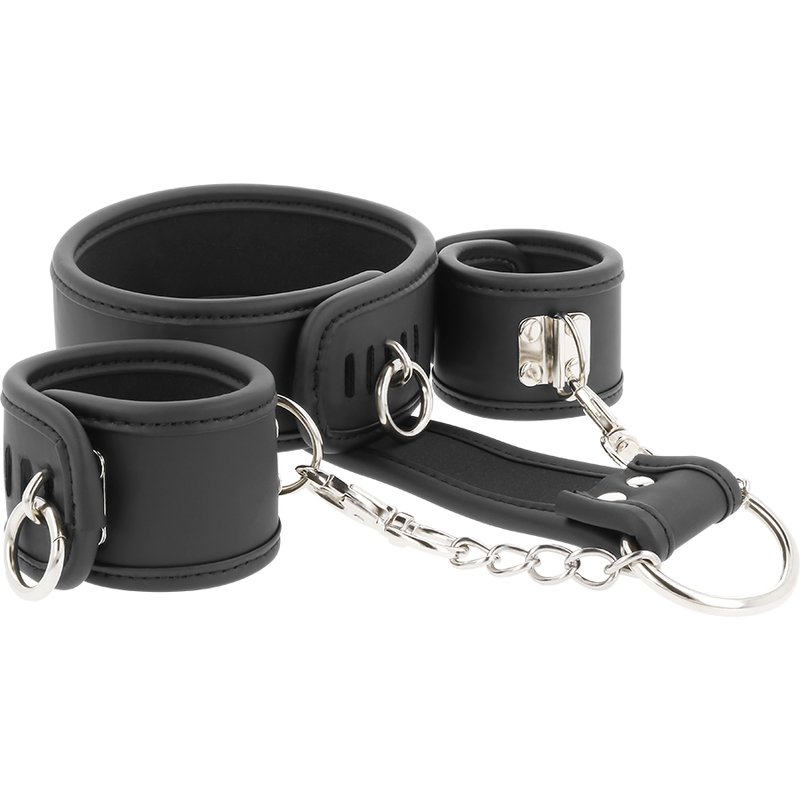 Ensemble collier et menottes en cuir végan doublé noprène — FETISH SUBMISSIVE BONDAGE