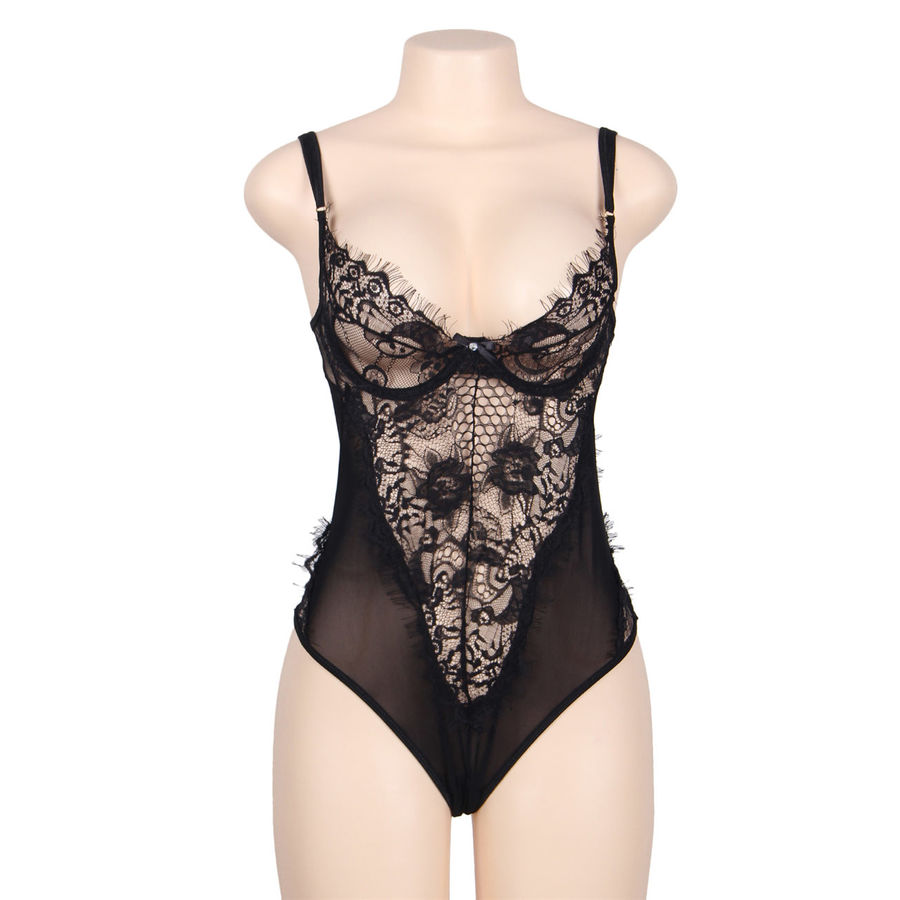 Teddy dentelle florale noire avec franges — SUBBLIME QUEEN PLUS SIZE