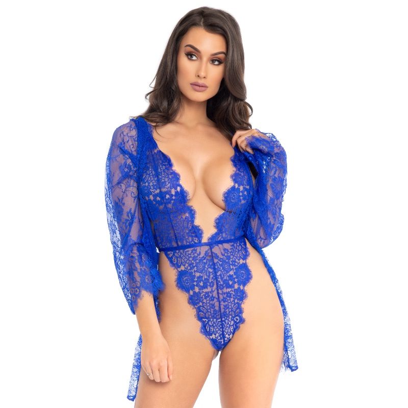 Ensemble teddy et robe de chambre en dentelle bleu — LEG AVENUE TEDDIES