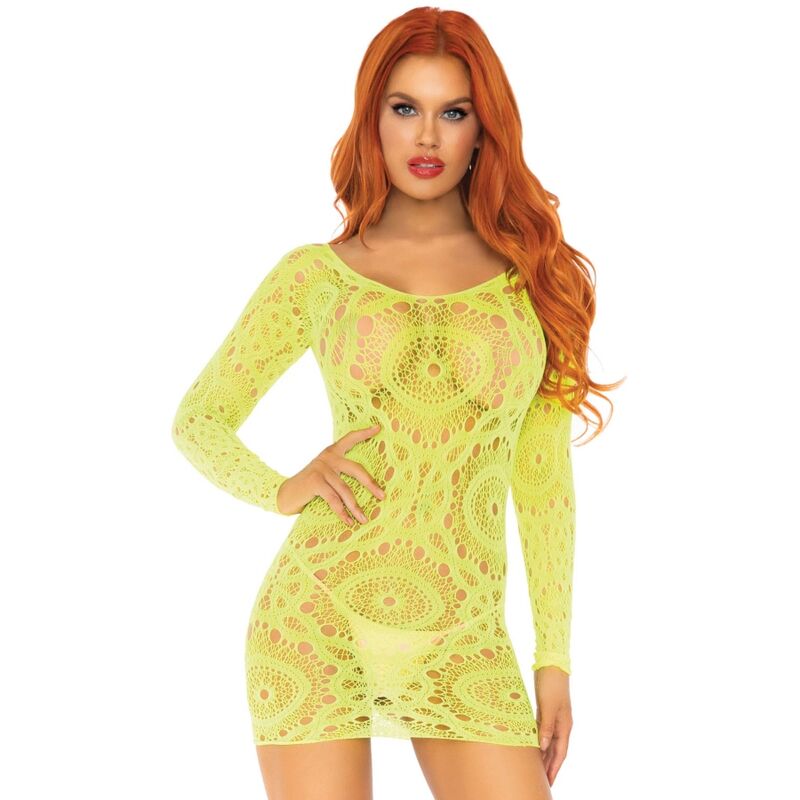 Mini robe en dentelle crochet manches longues néon — LEG AVENUE DRESSES
