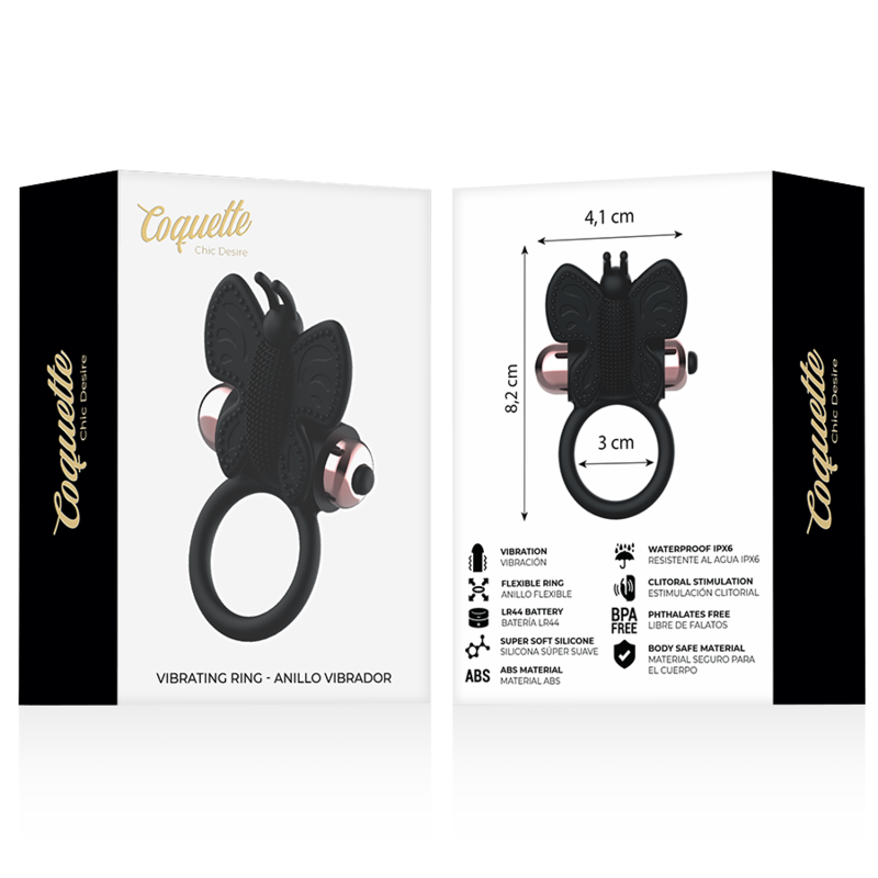 Anneau vibrant papillon noir et or — COQUETTE TOYS