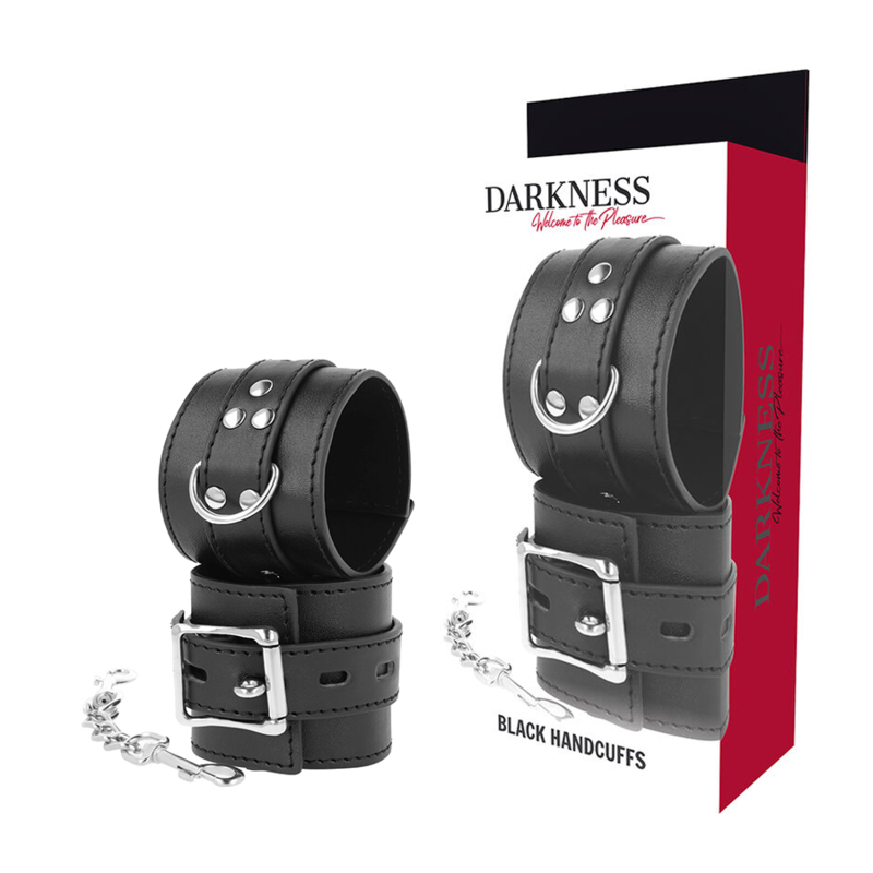 Menottes en simili cuir noir avec chaînes réglables — DARKNESS BONDAGE