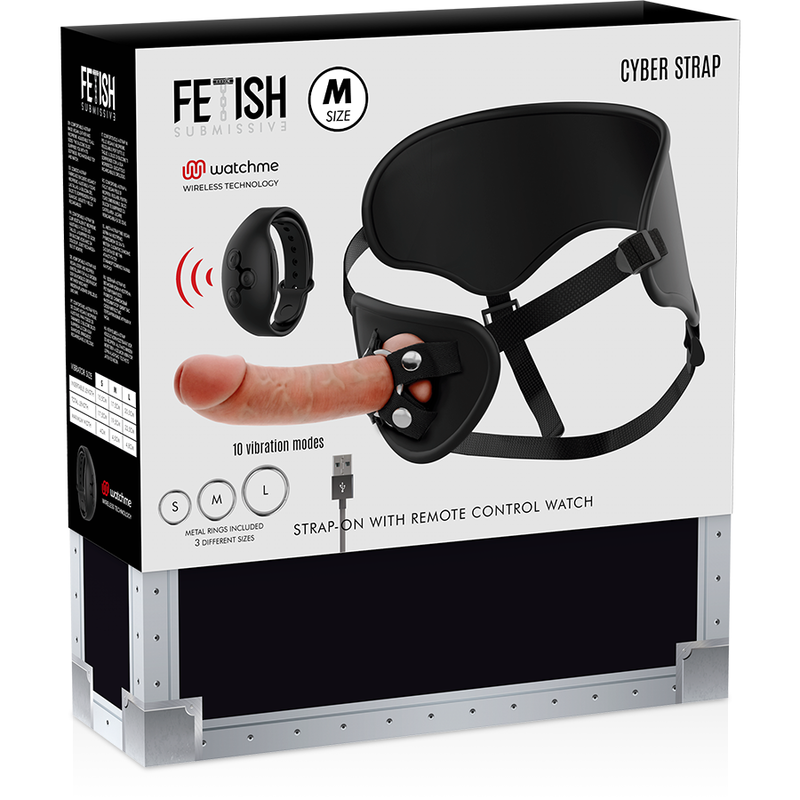 Harnais ajustable avec gode réaliste vibrant et montre connectée — FETISH SUBMISSIVE CYBER STRAP