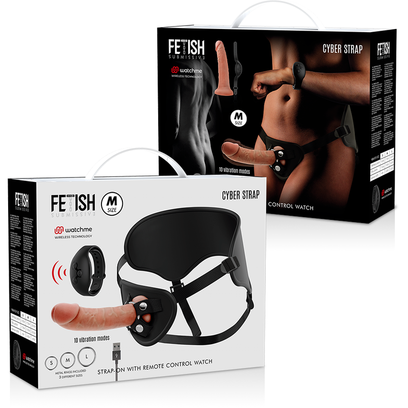 Harnais ajustable avec gode réaliste vibrant et montre connectée — FETISH SUBMISSIVE CYBER STRAP