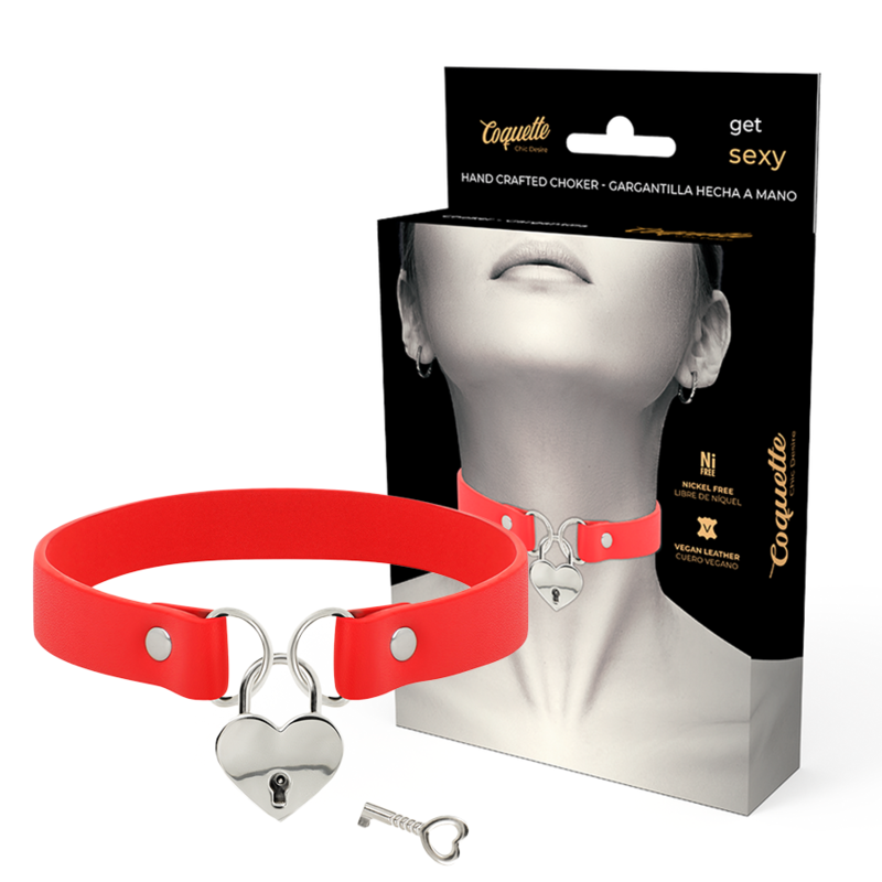 Collier en cuir vegan rouge avec pendentif cœur et clé — COQUETTE ACCESSORIES
