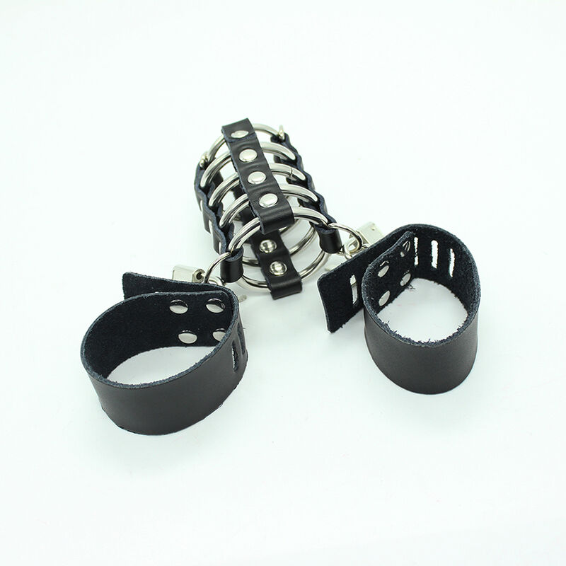 Cage pénis avec anneaux métalliques et sangle en cuir — OHMAMA FETISH
