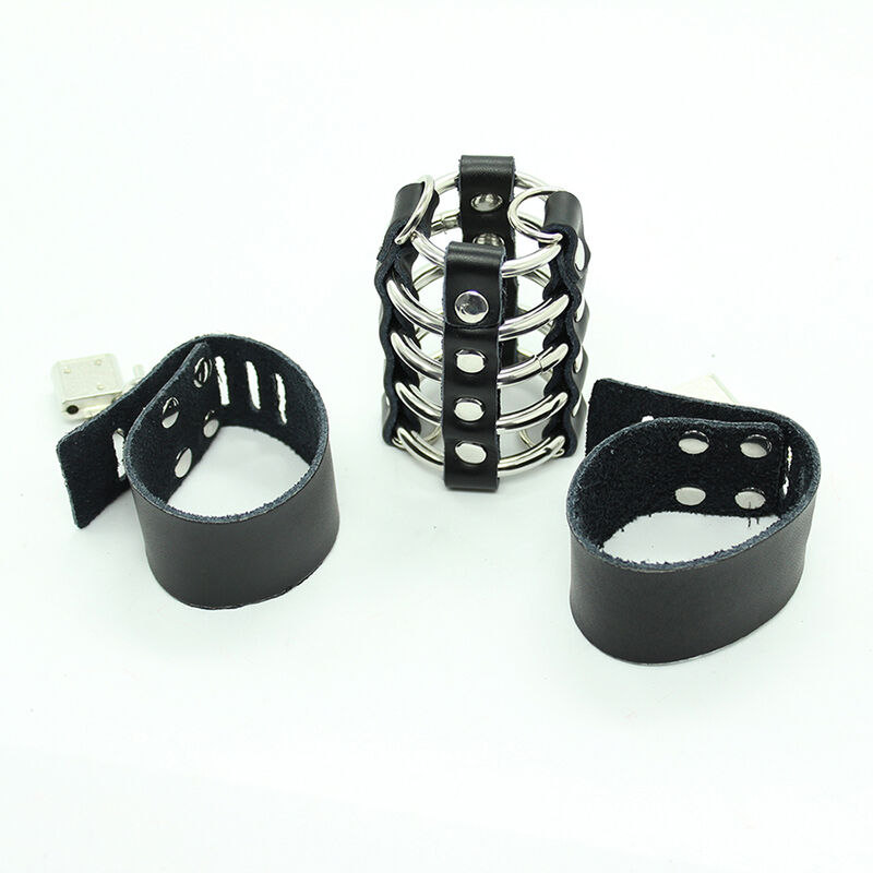 Cage pénis avec anneaux métalliques et sangle en cuir — OHMAMA FETISH