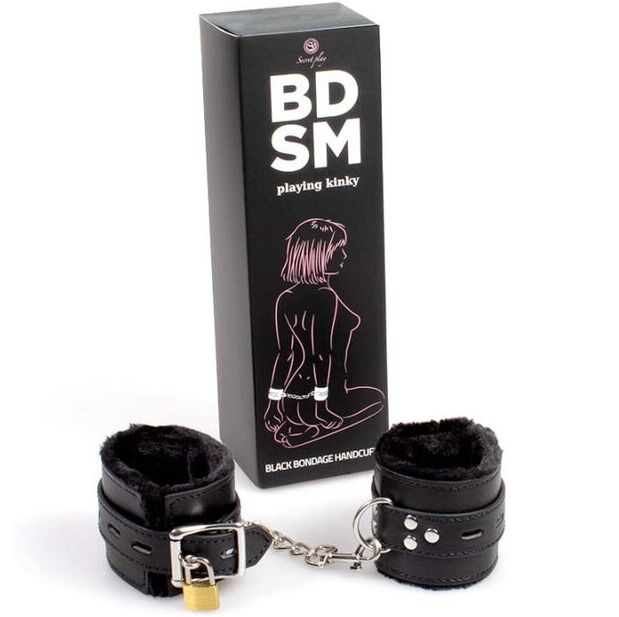 Menottes de bondage noires en faux cuir avec chaînes argentées — SECRETPLAY 100% FETISH