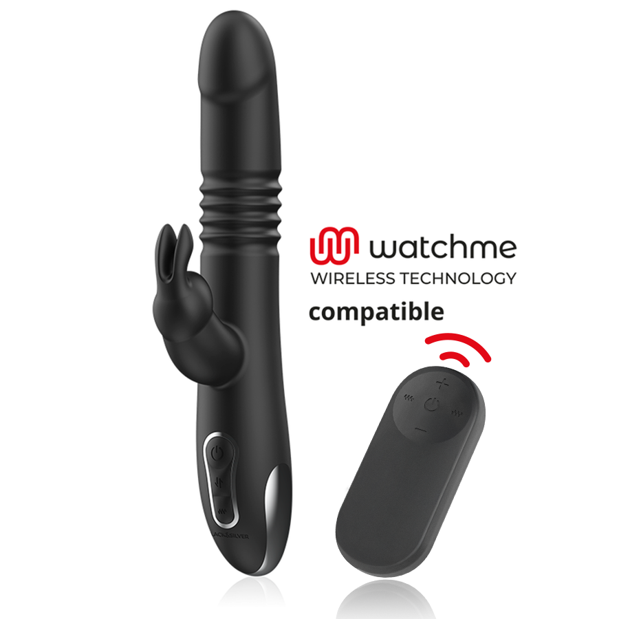 Vibromasseur Rabbit KENJI Stimulating Vibe avec mouvement up & down et télécommande Watchme — BLACK&SILVER