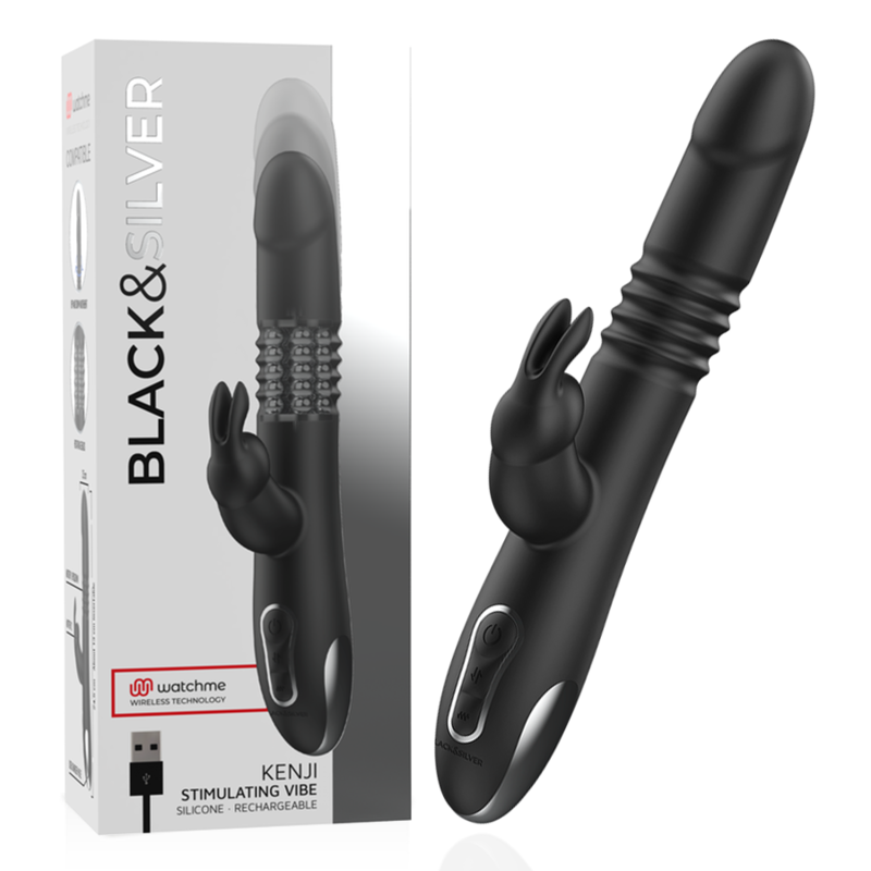 Vibromasseur Rabbit KENJI Stimulating Vibe avec mouvement up & down et télécommande Watchme — BLACK&SILVER