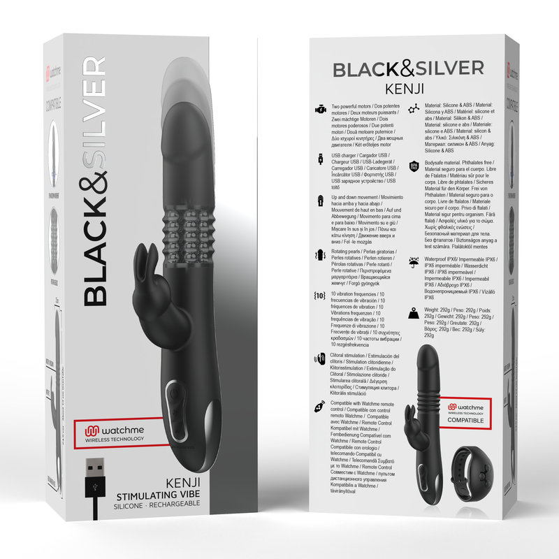 Vibromasseur Rabbit KENJI Stimulating Vibe avec mouvement up & down et télécommande Watchme — BLACK&SILVER