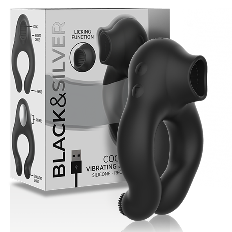 Anneau vibrant triple moteur rechargeable en silicone — BLACK&SILVER