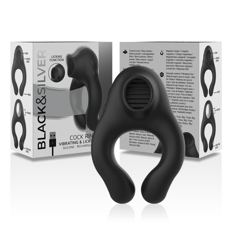 Anneau vibrant triple moteur rechargeable en silicone — BLACK&SILVER