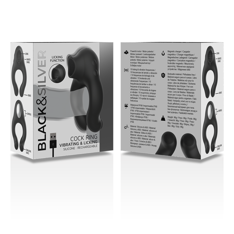 Anneau vibrant triple moteur rechargeable en silicone — BLACK&SILVER