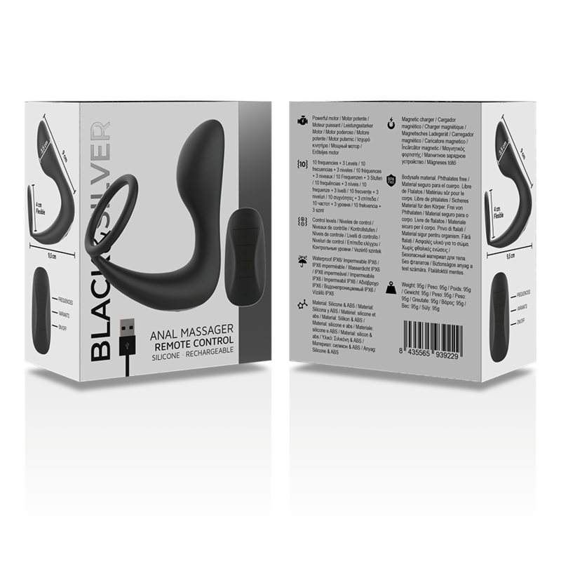Masseur anal télécommandé rechargeable en silicone noir — BLACK&SILVER