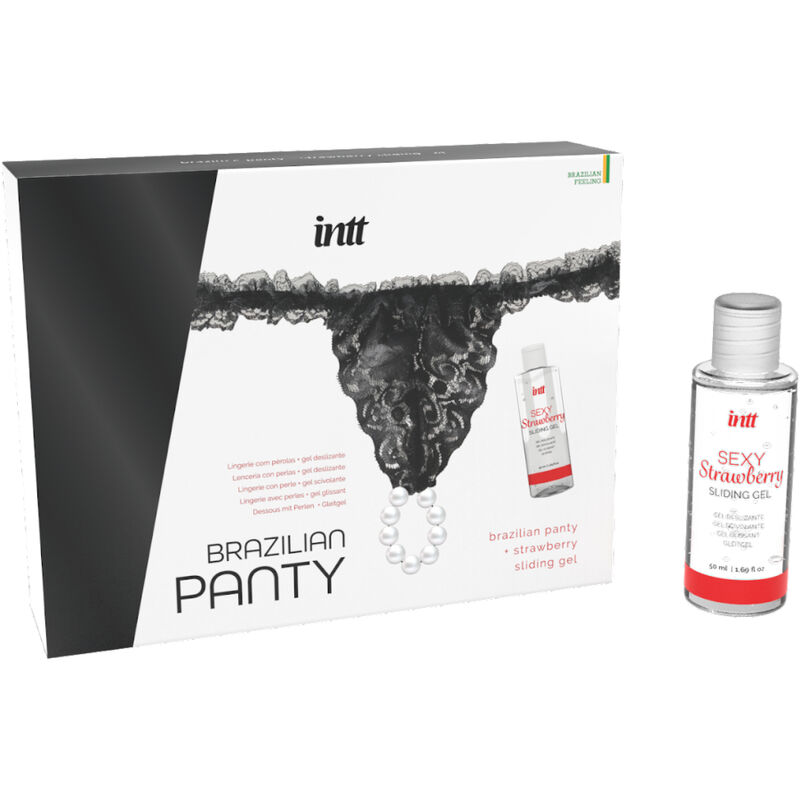 Schwarze brasilianische Panty mit Perlen & 50 ml Erdbeer-Gleitgel — INTT RELEASES