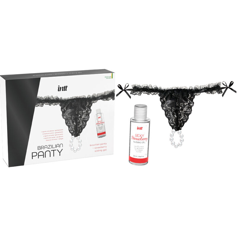 Schwarze brasilianische Panty mit Perlen & 50 ml Erdbeer-Gleitgel — INTT RELEASES