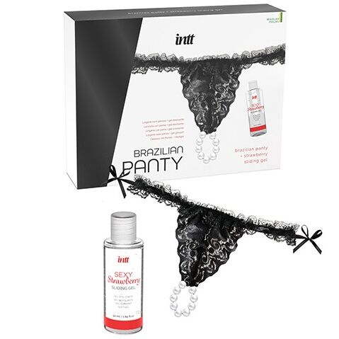 Schwarze brasilianische Panty mit Perlen & 50 ml Erdbeer-Gleitgel — INTT RELEASES