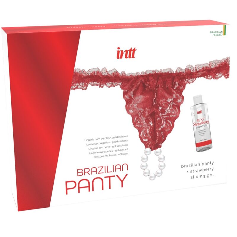 Culotte brésilienne en dentelle rouge avec perles et lubrifiant à la fraise — INTT RELEASES