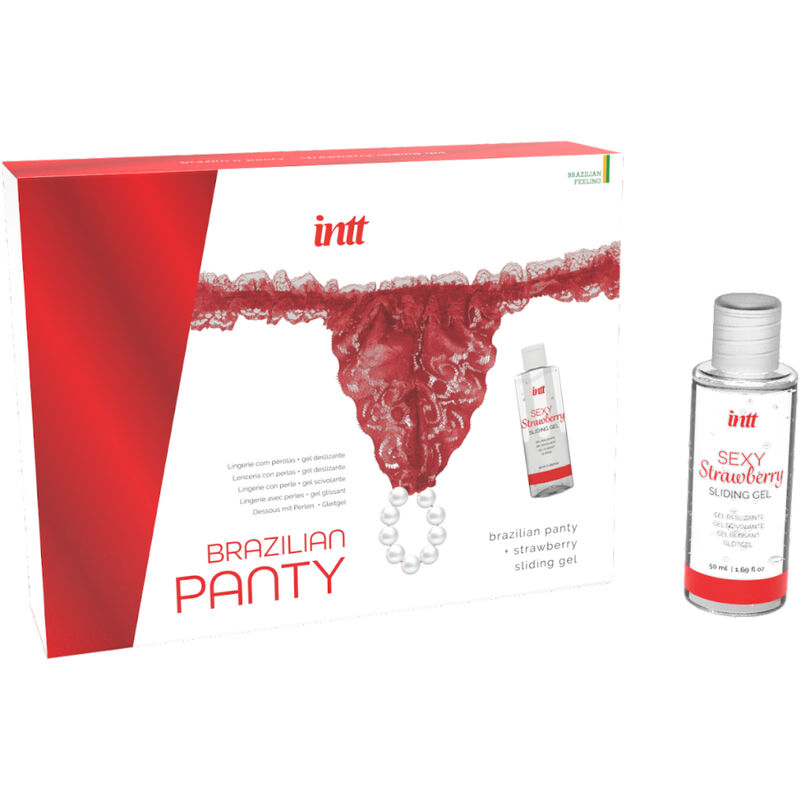 Calcinha brasileira de renda vermelha com pérolas e lubrificante de morango — INTT RELEASES