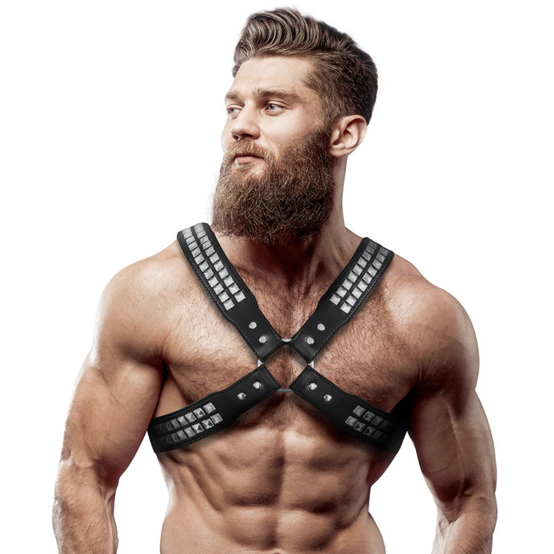 Harnais de poitrine croisé en cuir vegan à rivets — FETISH SUBMISSIVE ATTITUDE