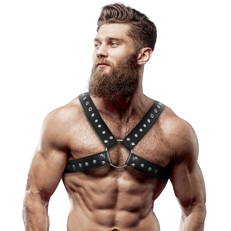 Harnais de poitrine croisé en éco-cuir pour hommes avec clous — FETISH SUBMISSIVE ATTITUDE