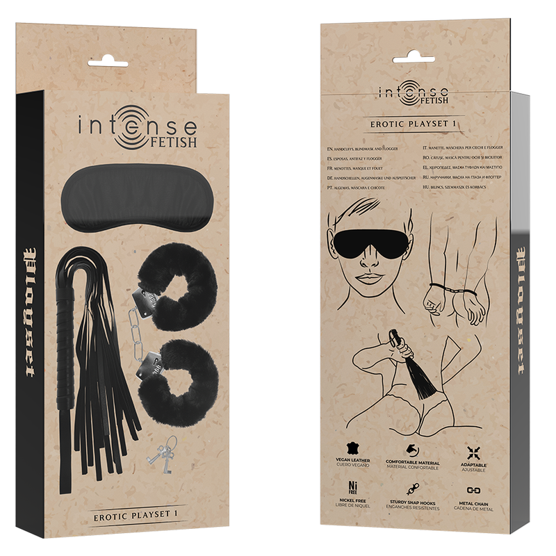 Kit erótico de bondage suave com algemas, máscara e chicote — INTENSE FETISH