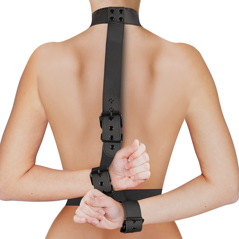 Ensemble de retenue corps, cou et poignets réglable en cuir végétalien — FETISH SUBMISSIVE BONDAGE
