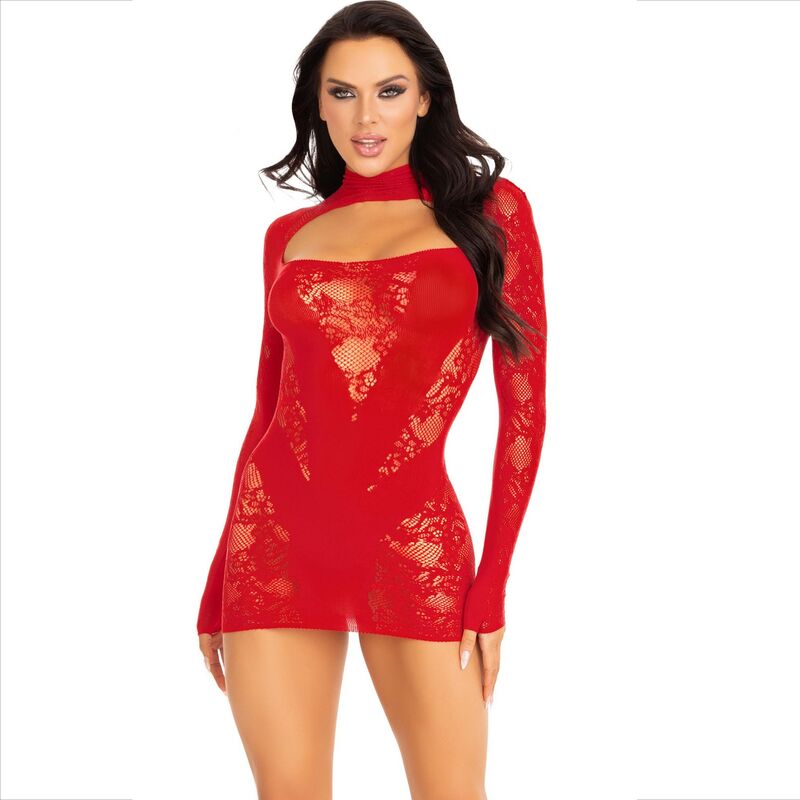 Mini-robe en dentelle rouge à manches longues — LEG AVENUE DRESSES