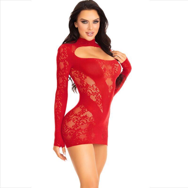 Mini-robe en dentelle rouge à manches longues — LEG AVENUE DRESSES