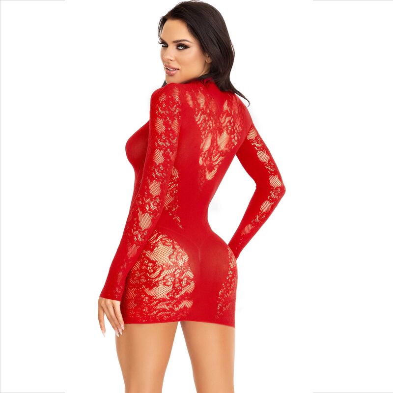 Mini-robe en dentelle rouge à manches longues — LEG AVENUE DRESSES