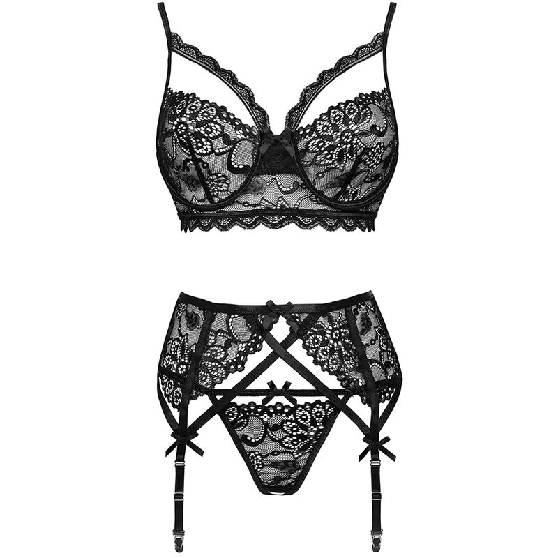 Set di pizzo nero reggiseno, giarrettiera e slip — LIVCO CORSETTI SETS