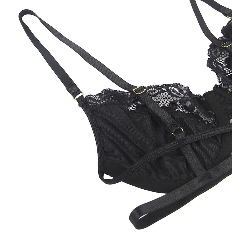 Ensemble dentelle noir 3 pièces soutien-gorge, string et jarretière — SUBBLIME SETS